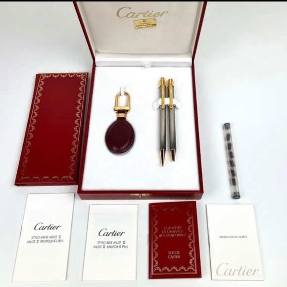 Vintage Must de Cartier Stainless Steel Pen, Pencil & Key Chain Set W Box - Picture 2 of 8